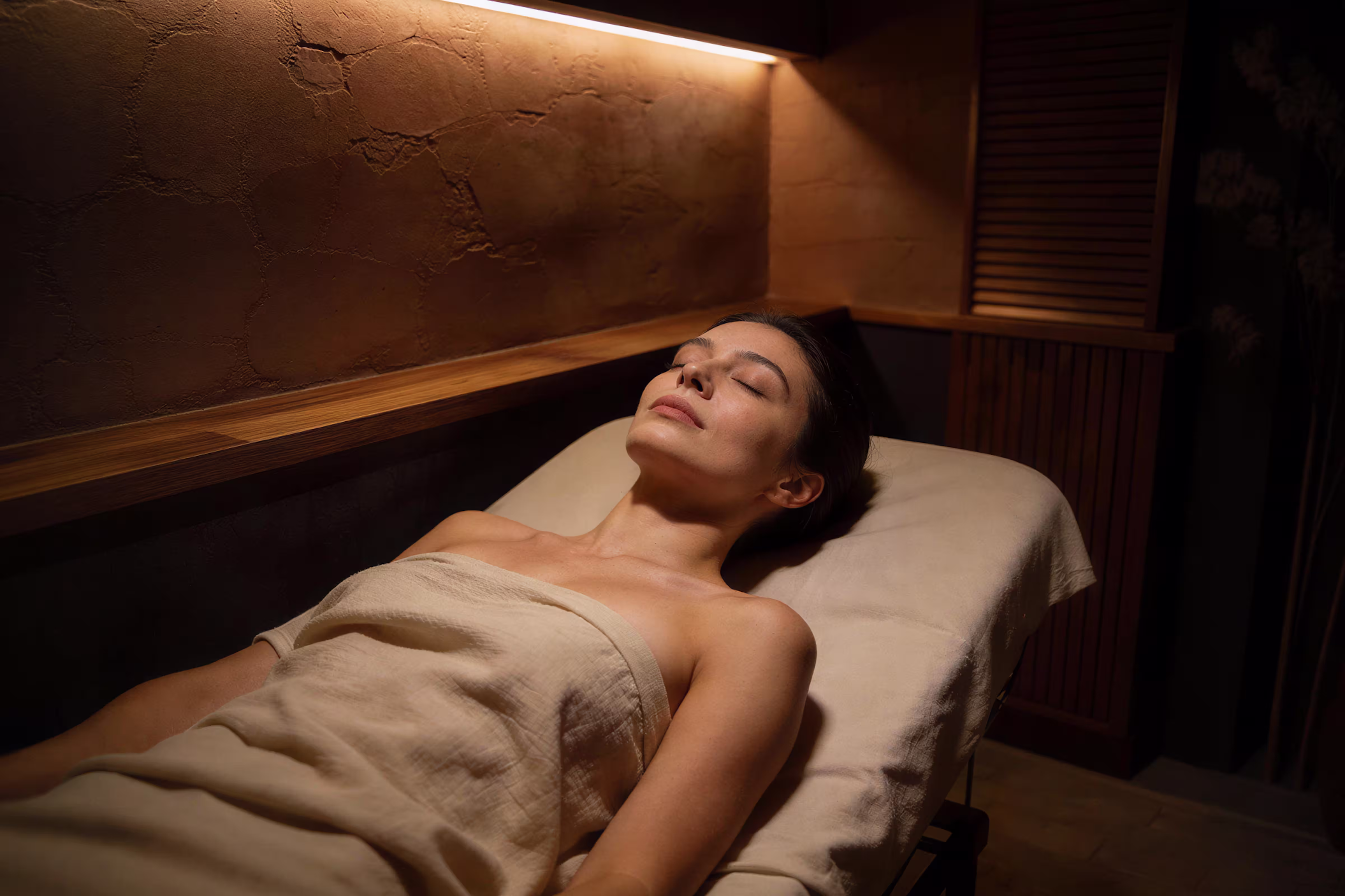 Woman lying on a massage table 長続きする eyes closed wrapped in a beige towel in a softly lit spa room.